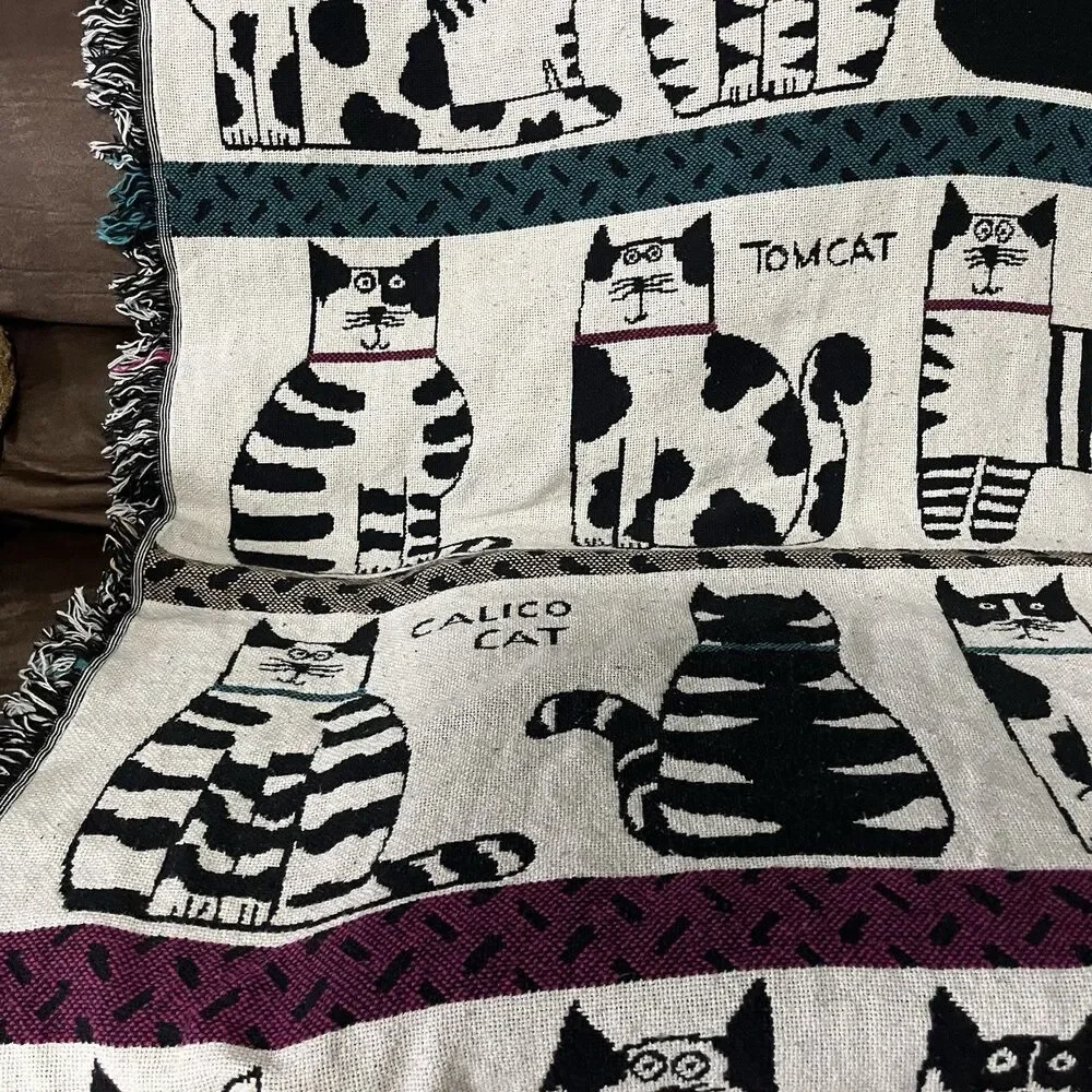 Crown Crafts Pat Meyers Cat Woven Throw Blanket Cotton Fringe Tapestry 60x50 USA